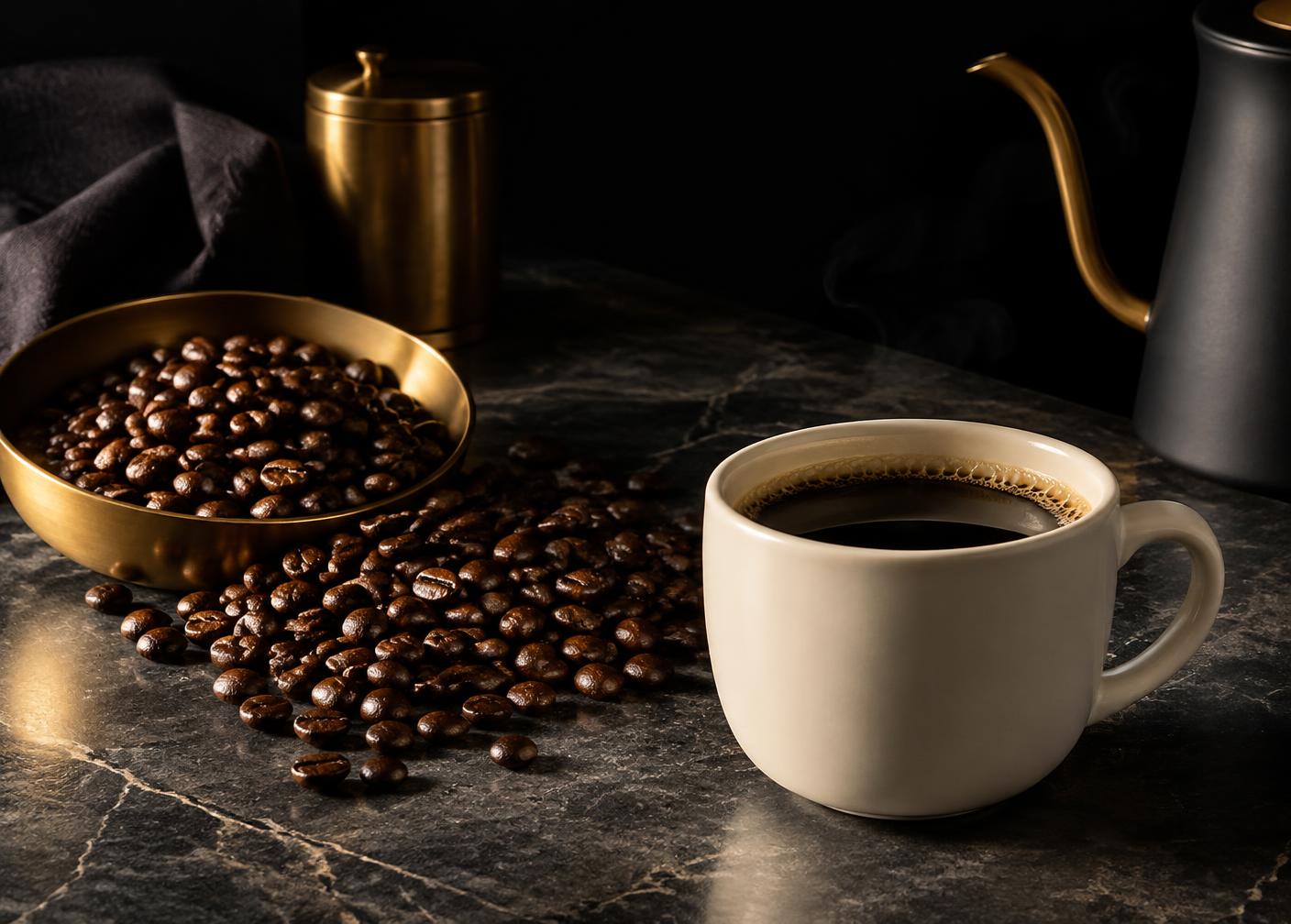 Café filtrado y granos tostados en una composición editorial temporal
